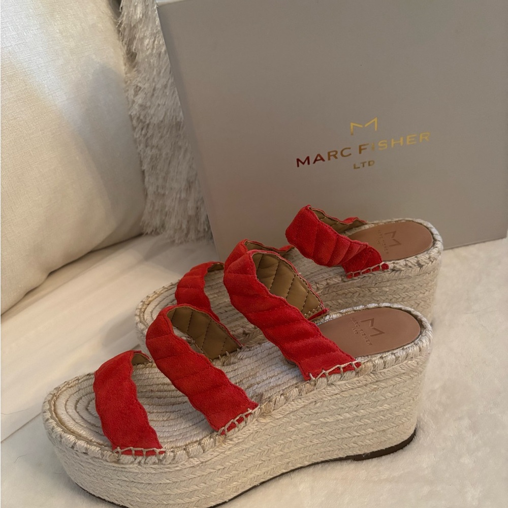 Marc Fisher red suede three strap wedges